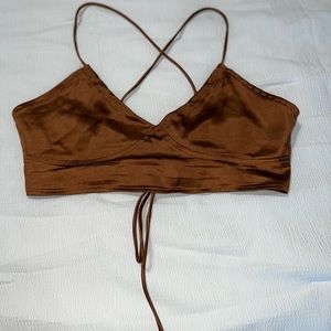 Brown Silk Lace Up Crop Top